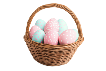 Colorful Easter eggs in a woven basket display