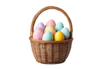 Colorful Easter eggs in a woven basket