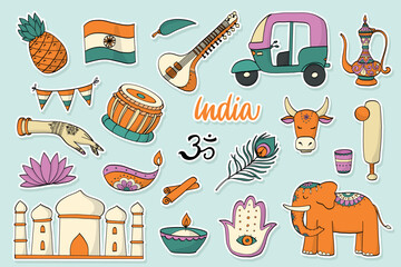 Indian doodles, stickers collection, clipart. Indian culture elements for prints, posters, banners, social media, etc. EPS 10
