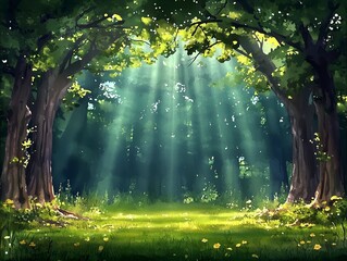 Obraz premium A serene forest scene with sunlight filtering through trees, creating a peaceful, magical atmosphere.