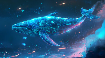 Fototapeta premium Glowing mechanical whale breaching through digital aquatic realm. Surreal Holographic Ocean. Illustration