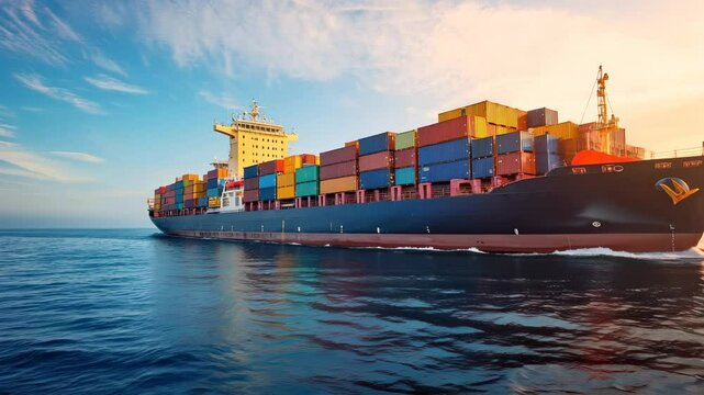 Cargo ship navigating ocean waters at sunset with colorful containers on board, Logistics delivery of cargo by sea transport