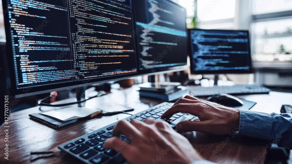 Wall mural developer coding on multiple monitors in modern office environment, programmer work process