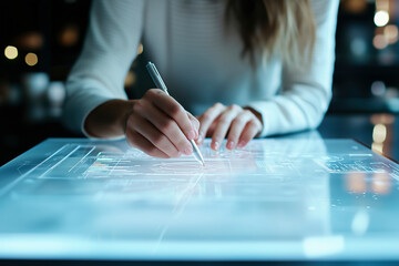 Futuristic Digital Design: A Woman Uses a Stylus on a Sleek, Interactive Screen to Create a Modern Blueprint. The Image Showcases Innovation and Technological Advancement in Design.