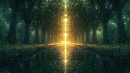 Obraz premium Mystical forest path with golden light reflecting in water