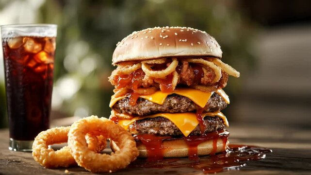 Juicy triple cheeseburger with onion rings and drink refreshment in outdoor setting, tasty drink and hot big burger, camera rotates around fast food