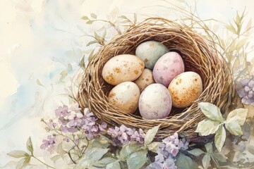 Fototapeta premium Bird nest holding colorful easter eggs and spring flowers in watercolor painting