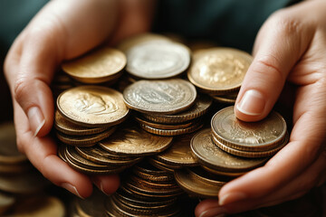 Hands holding handful of gold coins. Win, treasure or profit concept. Large armful of coins in woman's hands