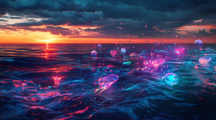 Fototapeta premium Ocean shoreline with glowing holographic sea creatures, vast horizon, surreal lighting, futuristic vibe, dynamic colors, wide-angle view. Surreal Holographic Ocean. Illustration