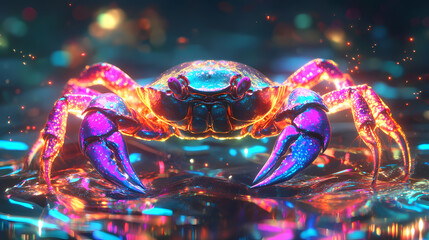 Rainbowcolored crab with glowing shell, surreal fantasy vibe, 3d illustration. Surreal Holographic Ocean. Illustration