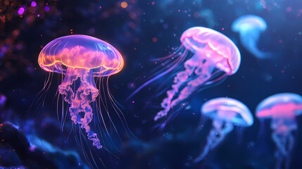 Fototapeta premium Surreal jellyfish floating in glowing ocean underwater scene gigapixel quality dreamlike environment. Surreal Holographic Ocean. Illustration