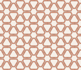 Seamless cellular modern trendy pattern with orange hexagonal shapes, on the light pink background. Cellular ornament for fabric, texture, fashion design Vector illustration