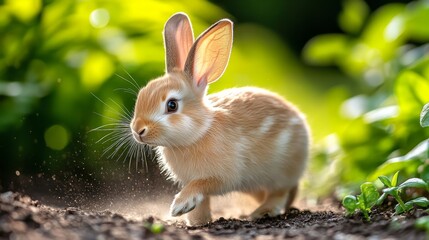 Fototapeta premium A brown-furred rabbit, featuring white whiskers and a pink nose, is racing through a green grassy field