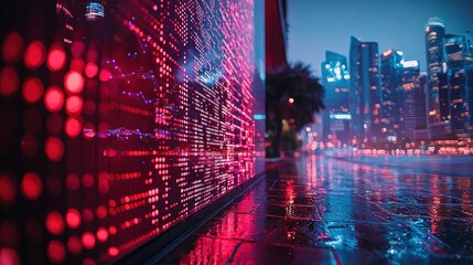 Nighttime financial market display in urban cityscape