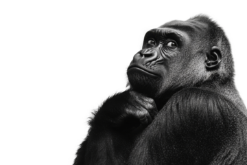Gorilla deep in thought on white