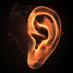 The close-up visual of a human ear shows sound waves radiating outward illustrating concepts of hearing. This visual aids in promoting health and technology awareness