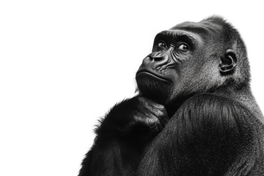 Gorilla deep in thought on white