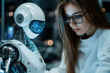 Woman and Robot: A Glimpse into the Future of AI and Human Collaboration. Exploring the intersection of artificial intelligence and human ingenuity in a technologically advanced world.