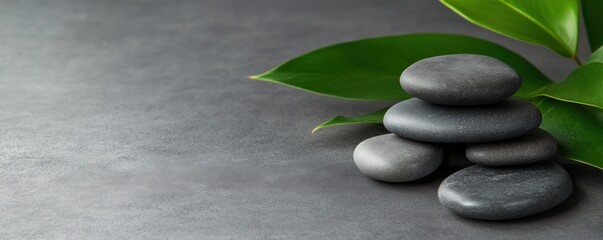 Obraz premium Serene spa background features a stacked arrangement of smooth black stones complemented by lush green leaves creating a calming atmosphere perfect for relaxation and rejuvenation