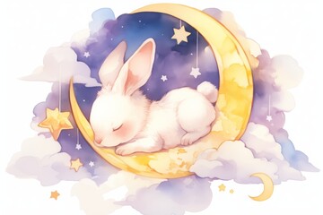 A cute rabbit sleeping on a crescent moon, surrounded by stars, in a watercolor style