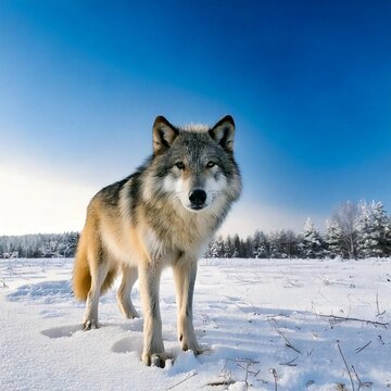 ts piercing yellow eyes should convey a sense of strength and determination. Snowflakes should be gently falling around the wolf, adding a serene atmosphere. The snow-covered ground should stretch out