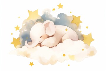 A sweet and adorable watercolor illustration of a little elephant sleeping peacefully on a fluffy white cloud, surrounded by twinkling stars. This image embodies dreams, innocence, and the magic