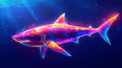 Naklejka premium A digitally rendered holographic shark illuminated in a luminous neon aura. Surreal Holographic Ocean. Illustration