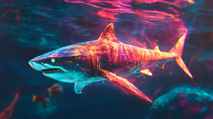 A digitally rendered holographic shark illuminated in a luminous neon aura. Surreal Holographic Ocean. Illustration
