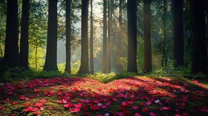 A serene forest scene with a heart-shaped clearing surrounded by tall trees