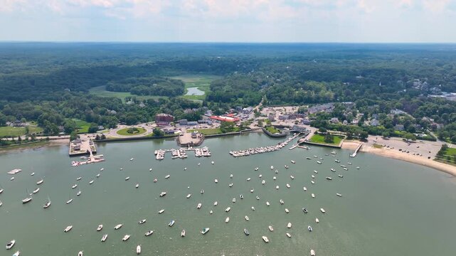 Hingham Harbor aerial view including historic waterfront village and Marina Center in town of Hingham near Boston, Massachusetts MA, USA.
