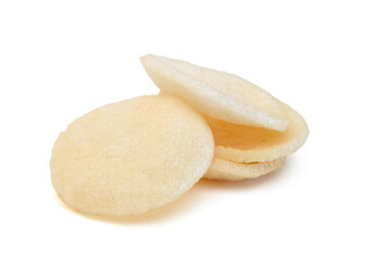 Fresh crunchy prawn crackers on white background