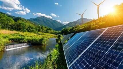 Solar panels and wind turbines in scenic mountain landscape with river and sunlight