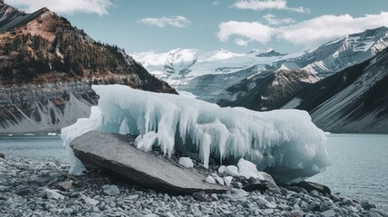 Massive melting ice chunk on rocky shore with glacier and mountain landscape in winter