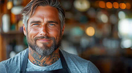 A barber with a well-groomed beard and apron stands in front of a chair in a barbershop