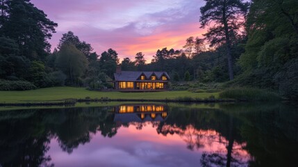 Obraz premium Beautiful House at Sunset by the Lake with Stunning Reflections