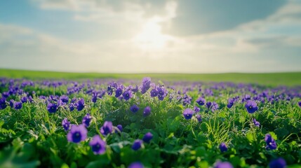 Obraz premium Purple flowers bloom in a lush green field as sunlight fills the sky during the spring equinox. This seasonal change symbolizes balance and the awakening of nature
