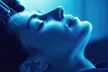 Obraz premium Woman receiving acupuncture treatment on her face, relaxing with eyes closed under blue light.