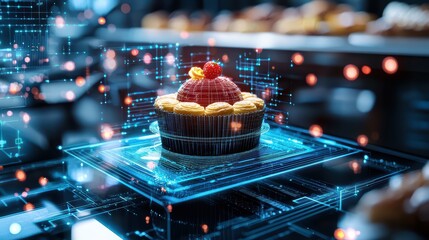 Gourmet cupcake in futuristic digital overlay with raspberry topping