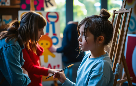 Two young girls painting in an art class, surrounded by colorful artwork and natural light.