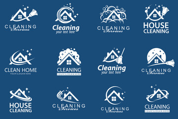 collection of cleaning service design with house isolated on blue background
