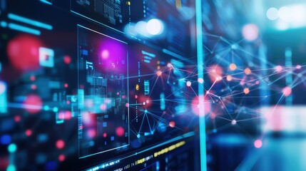 Abstract digital network with neon lights and data visualization in a virtual environment