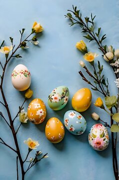 easter eggs and flowers in the spering