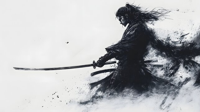 Monochromatic art piece depicting a samurai warrior poised with a sword against a stark white background.
