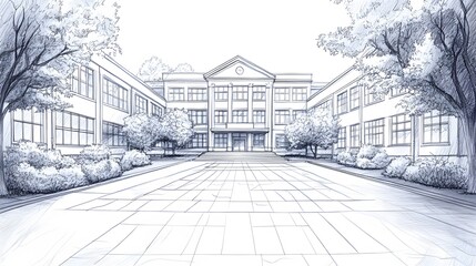 Architectural Sketch: A classic building with symmetrical design surrounded by trees and courtyard area.