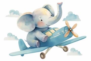 watercolor Cute elephant flying a blue plane in the sky illustration on white