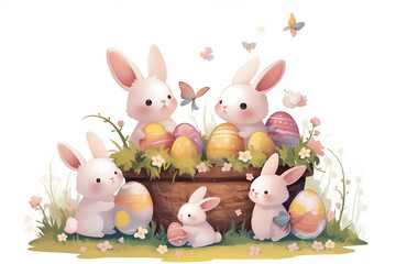 Obraz premium Watercolor Happy Easter baby bunnies design with spring blossom flower. Rabbit bunny kids illustration isolated. cartoon forest hare animal bunny holiday funny decoration. Nursery poster design