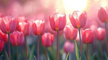 Pink tulips in field at sunrise