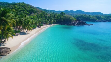 Fototapeta premium Relax on a stunning tropical beach with soft white sand and swaying palm trees. The tranquil waters shimmer under the bright sun inviting travelers for a perfect getaway experience
