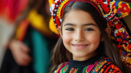 Fototapeta premium Smiling hispanic young girl in colorful traditional attire with intricate patterns
