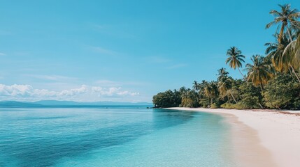 Fototapeta premium Soft waves gently lap at a pristine coastline where palm trees sway in the warm breeze under a clear blue sky. This idyllic setting invites relaxation and adventure perfect for a vacation escape